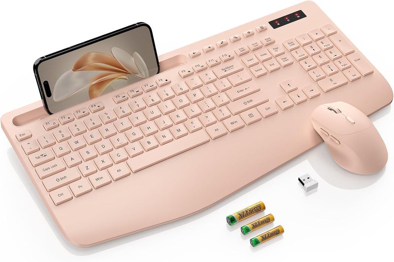 SABLUTE Wireless Keyboard and Mouse, Wrist Rest, Phone Holder, Batteries Included, 2.4G Lag-Free Ergonomic Keyboards Mouse Combo, Silent Cordless Set for Computer, Laptop, Mac, Windows (No Backlit) - Image 1